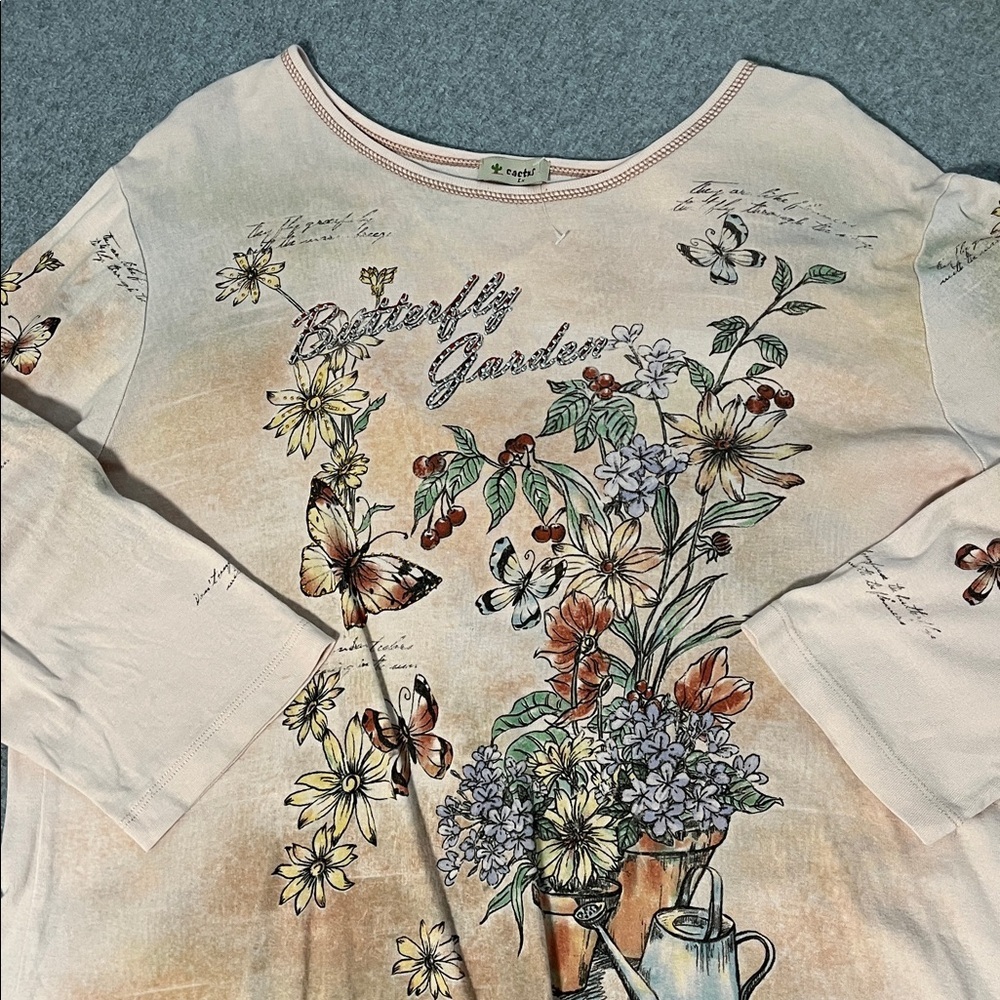 Y2K Cactus Butterfly Floral Top Womens 1X Boho Garden Graphic Novelty Artsy
